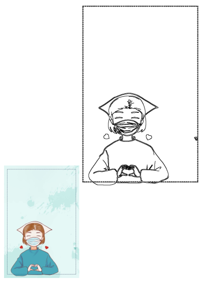 Smiling nurse in a medical mask making heart hands, shown as a vibrant illustration and a clean line art outline on a light blue background.