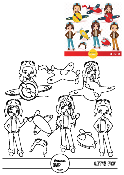 Cute cartoon pilot girls in aviator gear with various airplanes and a helicopter, presented as vibrant clipart and outline art.