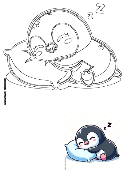 A cute cartoon penguin is soundly sleeping on a soft pillow, with 'Zz' above its head. This charming animal illustration features both colored and outline versions.
