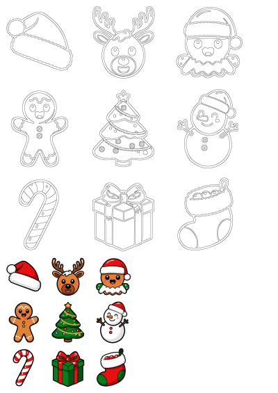 A vibrant collection of Christmas icons and line art, featuring Santa hats, reindeer, gingerbread, snowmen, trees, gifts, and stockings.