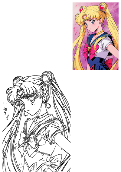Sailor Moon anime character with blonde hair and blue eyes, shown in both a vibrant colored illustration and a black outline.