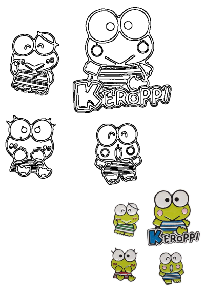 Keroppi cartoon sticker designs and outlines featuring the cheerful green frog character in various poses, including the Keroppi logo.