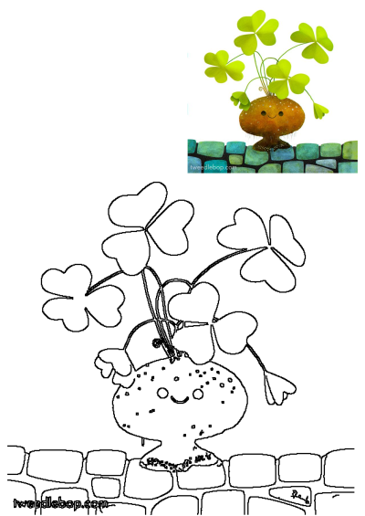 A cheerful shamrock plant character with a smiling face in a whimsical digital painting style, perched happily on a green and blue brick wall.