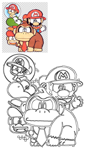 Vintage illustration featuring Super Mario, Baby Mario on Yoshi, Donkey Kong, and Diddy Kong, showcasing classic red-hatted characters.