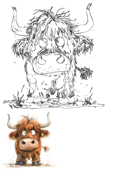 Funny Highland Cow clipart for digital crafts, cards, and scrapbooks. Features a cute, shaggy brown cow with big, surprised eyes and ear tag.