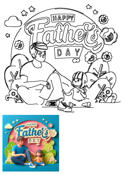 Happy Fathers Day celebration featuring a father and daughter in a vibrant 3D illustration, accompanied by its line art outline.