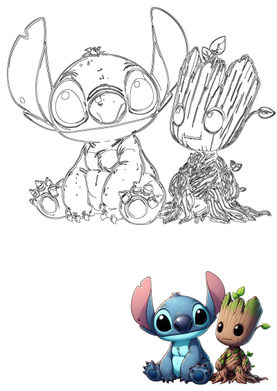 Adorable Baby Groot and Stitch fan art, showcasing cute figures in both a vibrant colored version and a black outline.