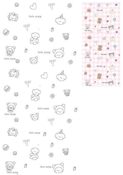 Adorable Stella 2025 wallpaper featuring cute puppies, hearts, bows, flowers, strawberries, and burgers on a pink checkered background.