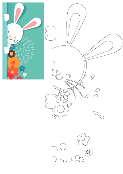 A cute white Easter bunny is peeking from behind a vibrant teal background, surrounded by colorful spring flowers. Perfect for Easter celebrations.