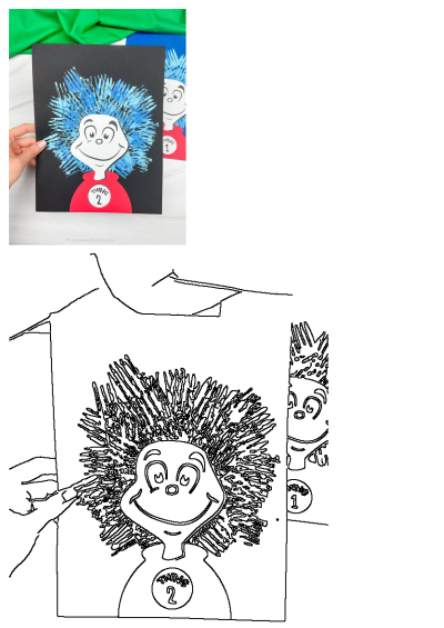 Dr. Seuss Thing 2 fork painting craft for kids. Features blue spiky hair, a smiling face, and red 'Thing 2' shirt on black paper.