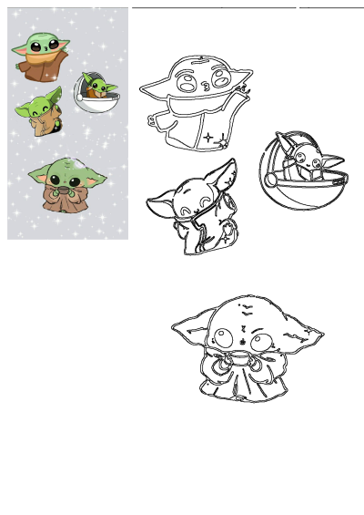Collection of cute Baby Yoda (Grogu) stickers with stars, including poses blowing a kiss, in a pram, and holding a cup. Also features black outline art.