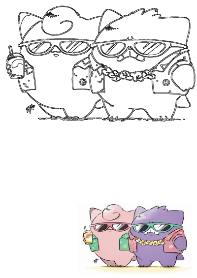 A cool cartoon image featuring Jigglypuff and Gengar in sunglasses, Hawaiian shirts, with drinks. Gengar also sports a lei, perfect for summer fun.