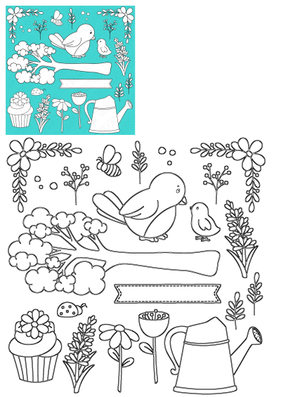 Spring nature clipart set: white outline illustrations of birds, flowers, bee, ladybug, tree branch, watering can, cupcake, and banners.