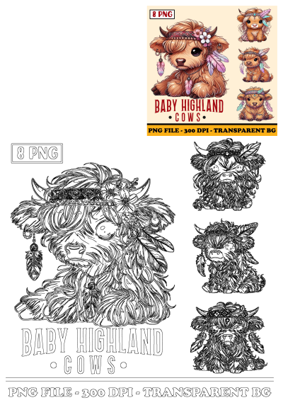 A collection of boho baby Highland cow clipart featuring shaggy brown calves, adorned with hippie-style feathers and spring flowers.