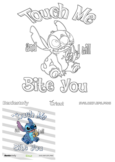 Funny Stitch SVG design with "Touch Me and I Will Bite You" quote. Stitch eats a banana, presented in outline and colored versions for crafts.