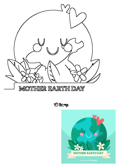 Cute Mother Earth Day card design featuring a smiling Earth with hearts, surrounded by flowers and leaves, perfect for celebrating.