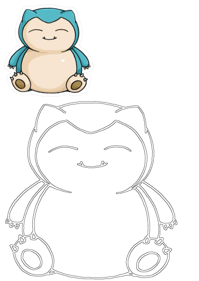 Smiling Snorlax Pokemon cartoon sitting with blue head and arms. Also features a black outline version, perfect for coloring.