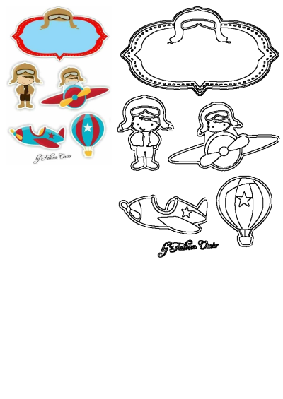 Collection of cute cartoon aviator themed stickers featuring pilots, planes, hot air balloons, and decorative label outlines.
