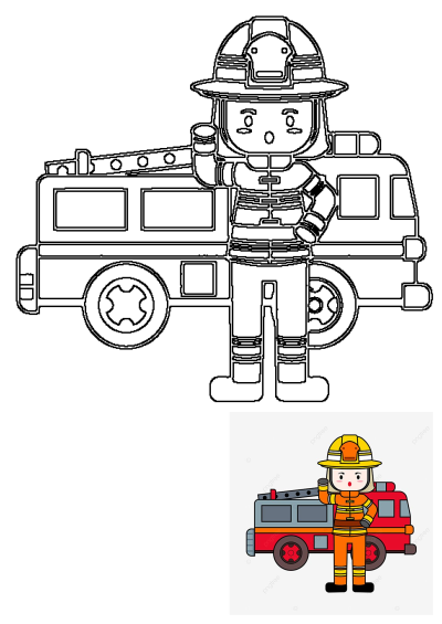 Cartoon fireman and fire truck outline drawing featuring a brave firefighter in uniform standing by his vehicle.