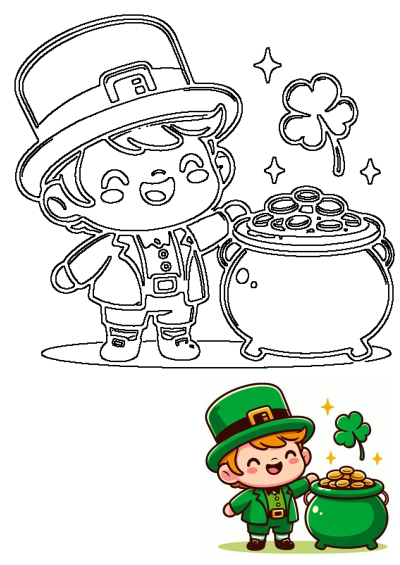 A charming cartoon leprechaun in a green hat and suit stands with a gleaming pot of gold coins and a lucky shamrock.
