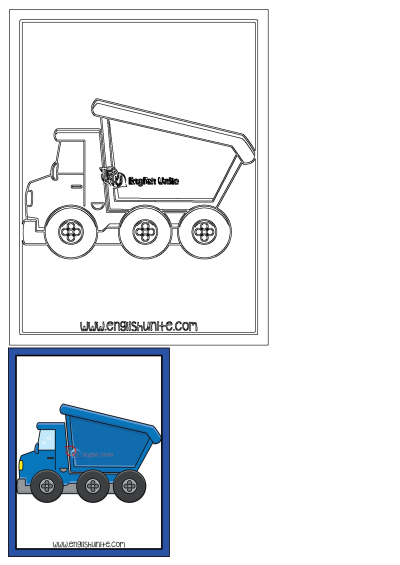 Detailed blue dump truck illustration alongside a black and white outline version, ideal for learning about vehicles.