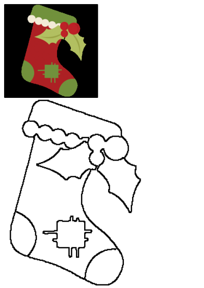 A vibrant red and green Christmas stocking with a white scalloped cuff, festive holly, red berries, and a decorative patch.