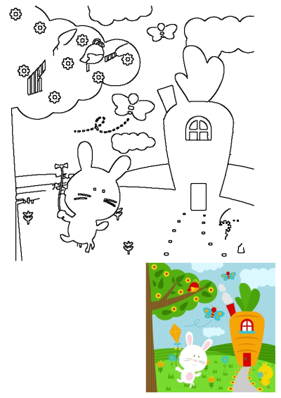 A cheerful rabbit holding a kite runs on a path towards its unique carrot house in a vibrant flowery meadow with butterflies.