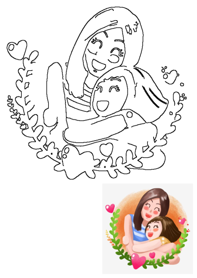 Joyful cartoon illustration of a mother and daughter hugging, surrounded by a wreath of green leaves and loving hearts.