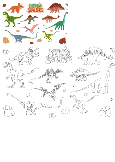 An assorted collection of cute cartoon dinosaur illustrations, including vibrant colored versions and black and white outlines.