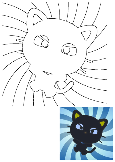 Line art outline of a cute black cat with yellow ears and a blue background featuring a dynamic swirl pattern. Perfect for coloring.