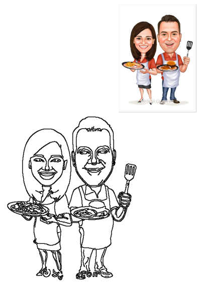 Smiling caricature couple in aprons, woman holds hot dogs and fries, man holds burger, grilled food, and spatula, ready to serve.