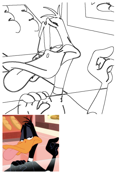 Black and white line art of Daffy Duck with tongue out, pressing against glass, passionately longing for bakery goods.