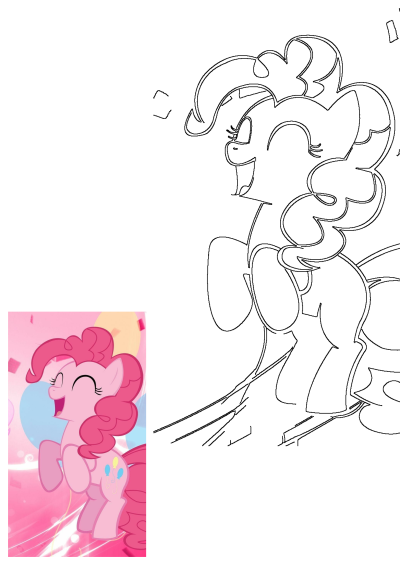 Pinkie Pie from My Little Pony joyfully celebrating with colorful balloons and confetti, displayed alongside a black outline version.