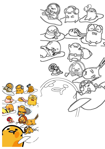 A vibrant collage featuring Gudetama cartoon characters in various adorable and food-themed costumes, alongside black outline versions for creative coloring.