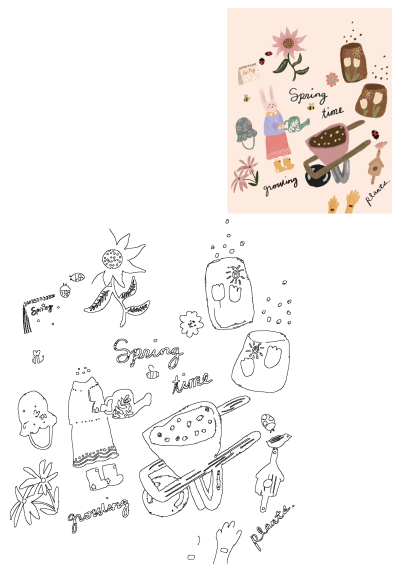 A cute spring bunny illustration, watering flowers in a whimsical garden scene with a wheelbarrow, boots, and playful insects.