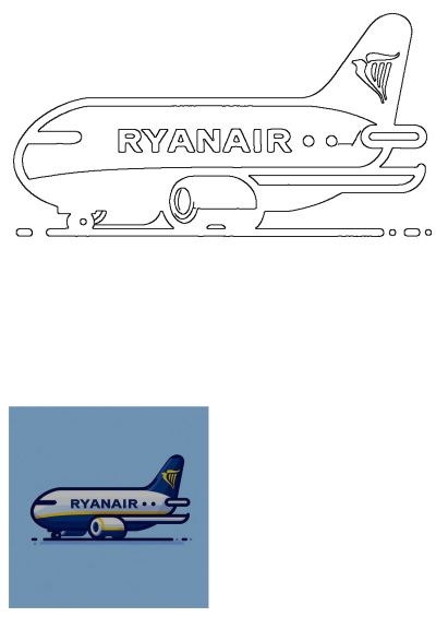 A stylized blue, white, and yellow Ryanair airplane illustration, showcasing the iconic livery, logo, and airline name in profile.