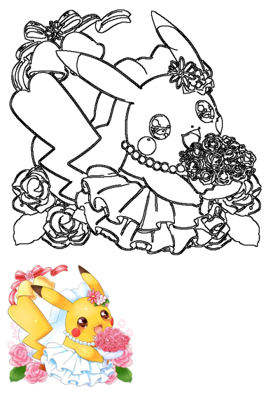 Cute Pikachu bride wearing a white wedding dress, veil, and pearl necklace, happily holding a vibrant bouquet of pink roses.