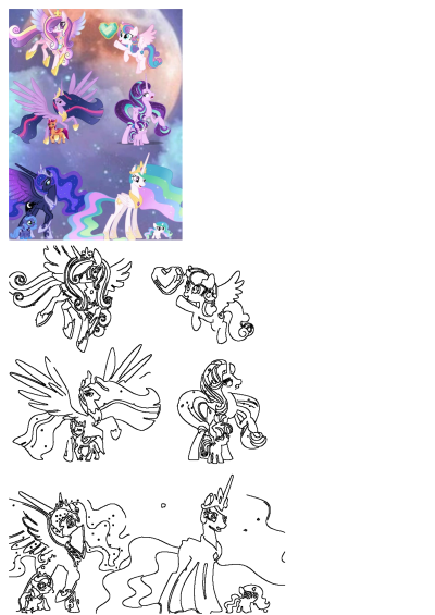 My Little Pony image featuring colorful alicorn princesses Cadance, Twilight, Luna, Celestia with foals flying in the sky, plus outline versions.