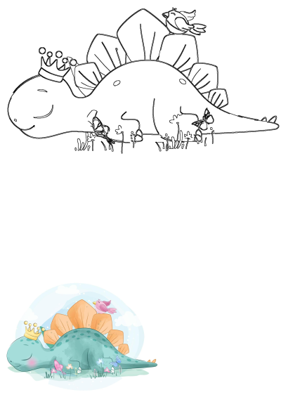 Cute dinosaur wearing a crown, sleeping in grass. This image displays both a black and white outline and a colorful watercolor illustration, complete with a bird and butterflies.