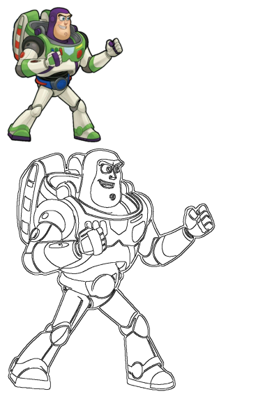Colored Buzz Lightyear Toy Story character illustration in action pose, with a matching black outline drawing for creative coloring.