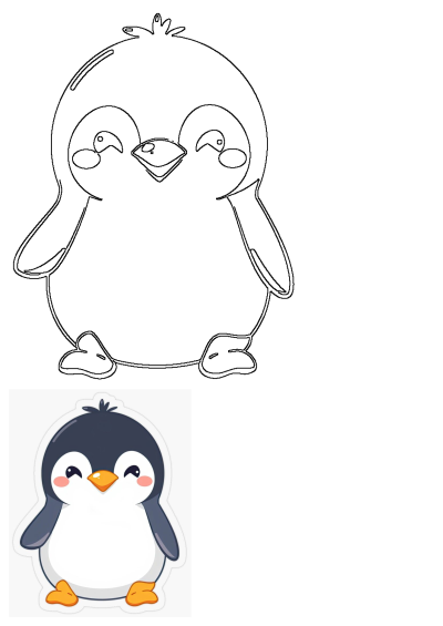 A cute cartoon penguin sticker features a happy expression, dark gray head and flippers, white belly, rosy cheeks, and bright orange beak and feet.