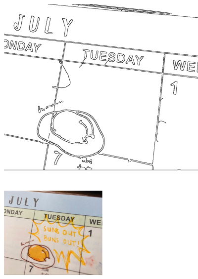 A close-up of a July calendar page with "SUNS OUT BUNS OUT!" handwritten and a fried egg sun drawing on Monday the 7th.