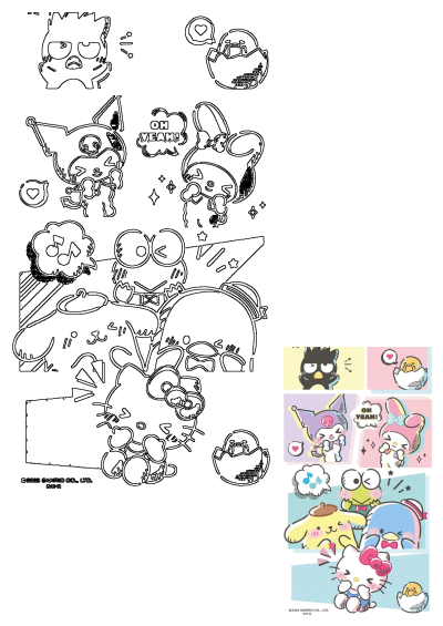Cute Sanrio characters including Hello Kitty, Kuromi, Badtz-Maru, and Gudetama show various expressions in outline and colored art.