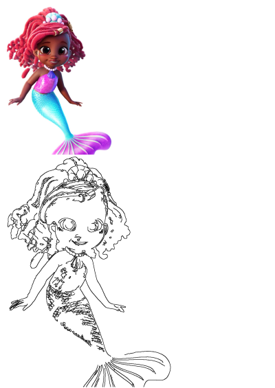 An adorable animated mermaid with red dreadlocks, pink top, and blue-purple tail, along with a black and white outline version.