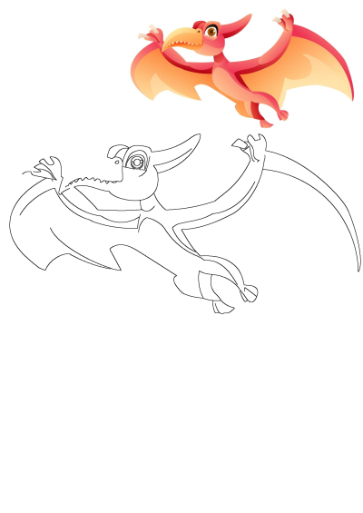Vibrant orange-red pterodactyl, often mistaken for a dragon, flying above its black outline on a white background.