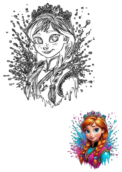 Vibrant digital art of Anna from Frozen features her with red braids, a crown, and freckles, surrounded by colorful paint splashes. Includes outline drawing.