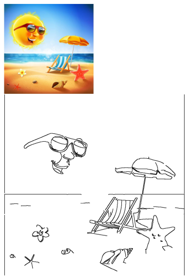 A happy cartoon sun in red sunglasses smiles over a relaxing beach scene with a yellow umbrella, striped chair, starfish, and shells.