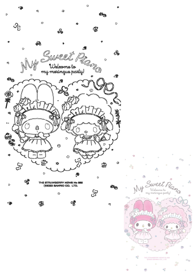 My Sweet Piano and My Melody in a charming meringue party outline, ideal for a kawaii aesthetic homescreen wallpaper with sweets.