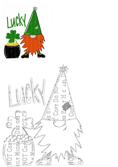 Festive St. Patrick's Day design with a lucky leprechaun gnome, 'Lucky' text, pot of gold, and vibrant shamrocks.