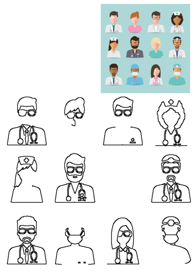 Flat design icons of doctors and nurses, a diverse medical team, shown in color and as black-and-white outlines for healthcare.